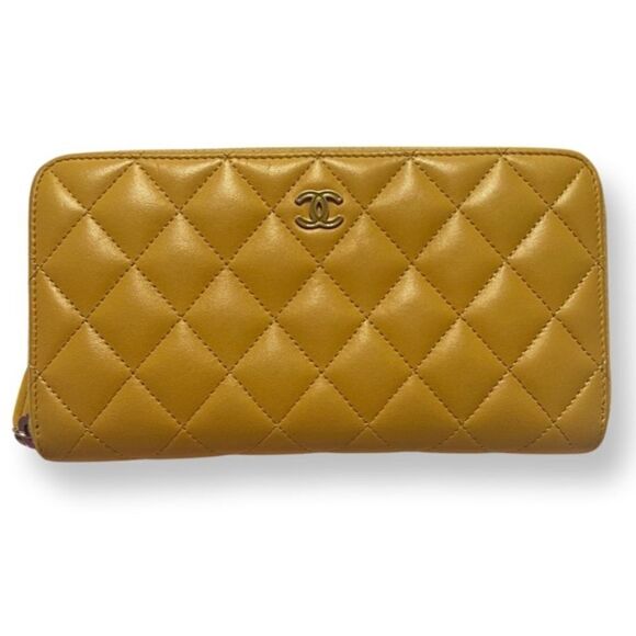 Chanel Yellow Lambskin Quilted Long Zip Around Wallet - Picture 1 of 13